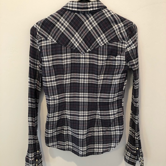 American Eagle Navy Plaid Button Up Shirt Sz 2 - Picture 4 of 4